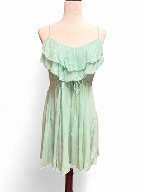 Vtg Free People Green Stripe Ruffle‎ Mini Dress S Coquette Coastal Grandma Boho